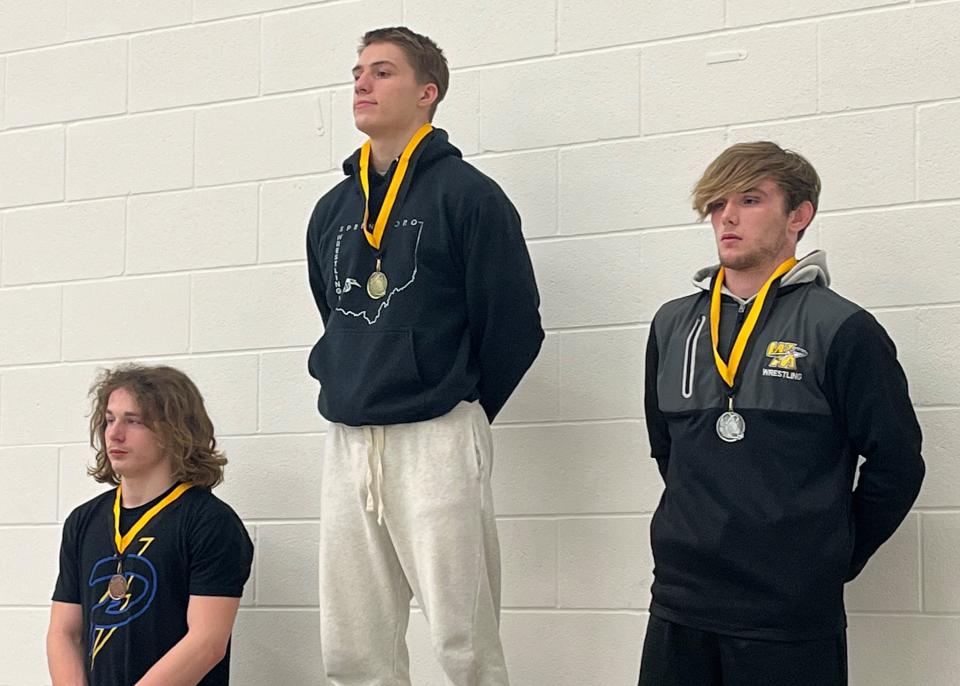 Watkins Memorial senior Brenden Allberry, right, took runner-up at 150 pounds during the Warriors' Mason Boyd Memorial Invitational on Saturday, Jan. 28, 2023.