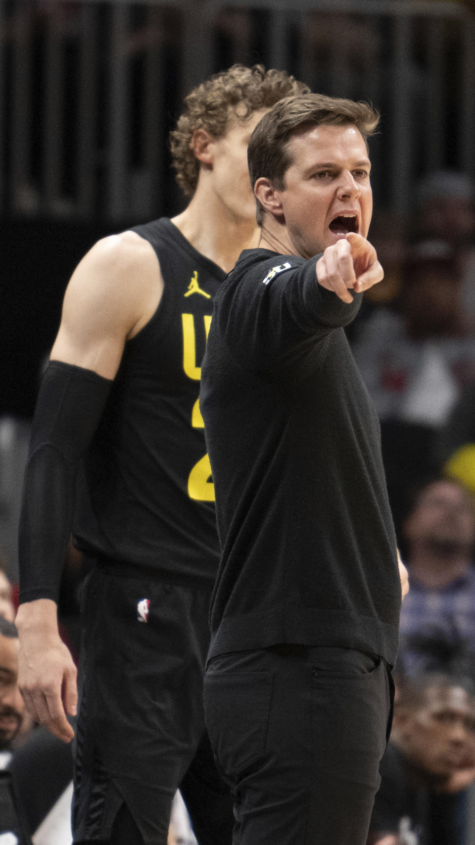 Utah Jazz head coach Will Hardy gestures during the first half of an NBA basketball game against the Atlanta Hawks, Tuesday, Feb. 27, 2024, in Atlanta. (AP Photo/Hakim Wright Sr.)