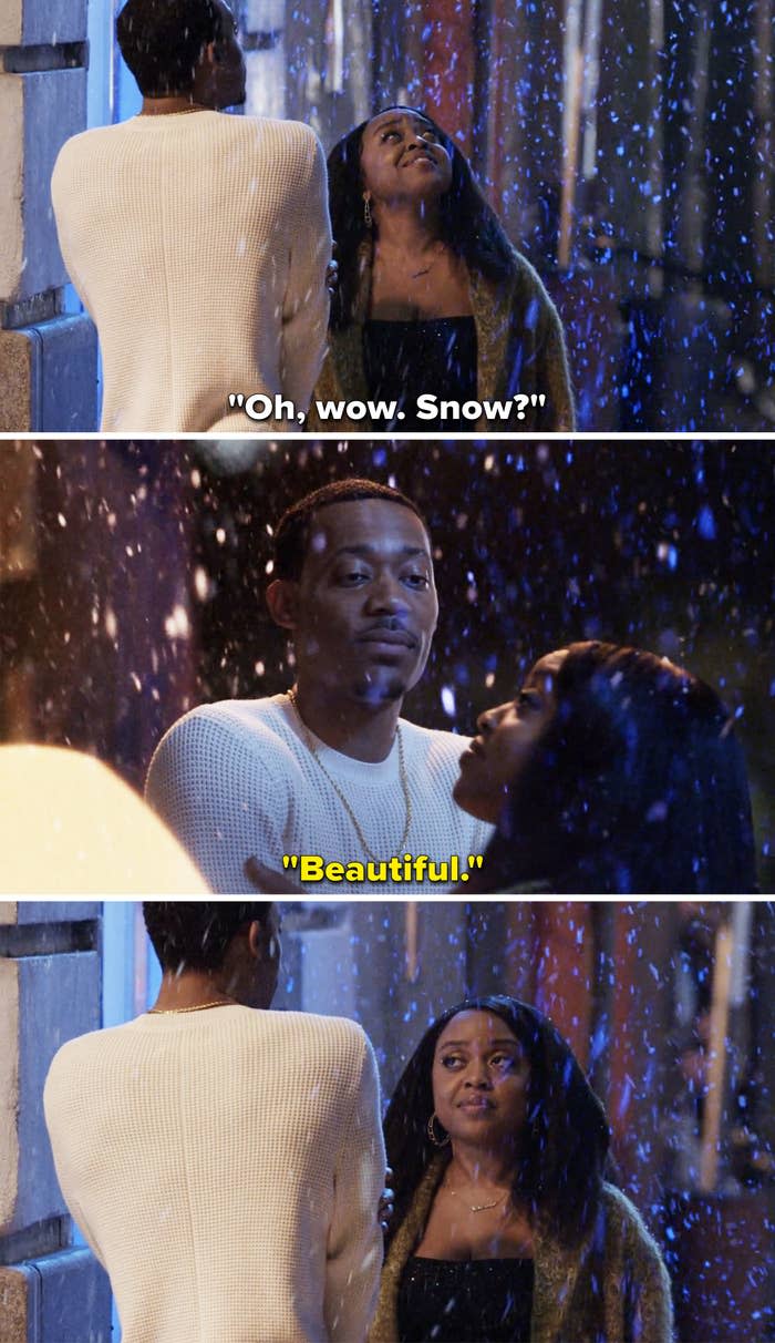 Quinta Brunson saying, "Oh wow, snow?" and Tyler James Williams saying, "Beautiful" and looking at her