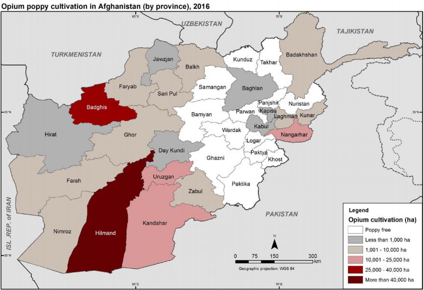 Opium heroin cultivation production map in Afghanistan