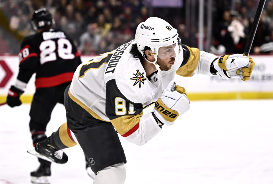 Vegas Golden Knights right wing Jonathan Marchessault (81) celebrates his goal against the Ottawa Senators during the first period of an NHL hockey game Saturday, Feb. 24, 2024, in Ottawa, Ontario. (Justin Tang/The Canadian Press via AP)