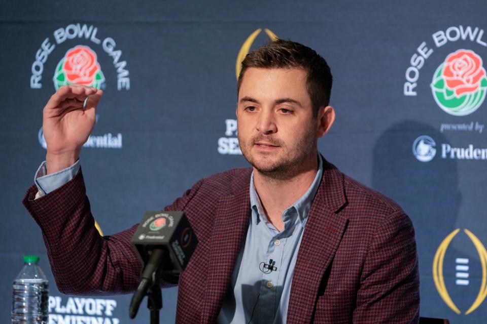 Alabama offensive coordinator Tommy Rees speaks to reporters during a press conference on Thursday, Dec. 28, 2023, in Los Angeles.