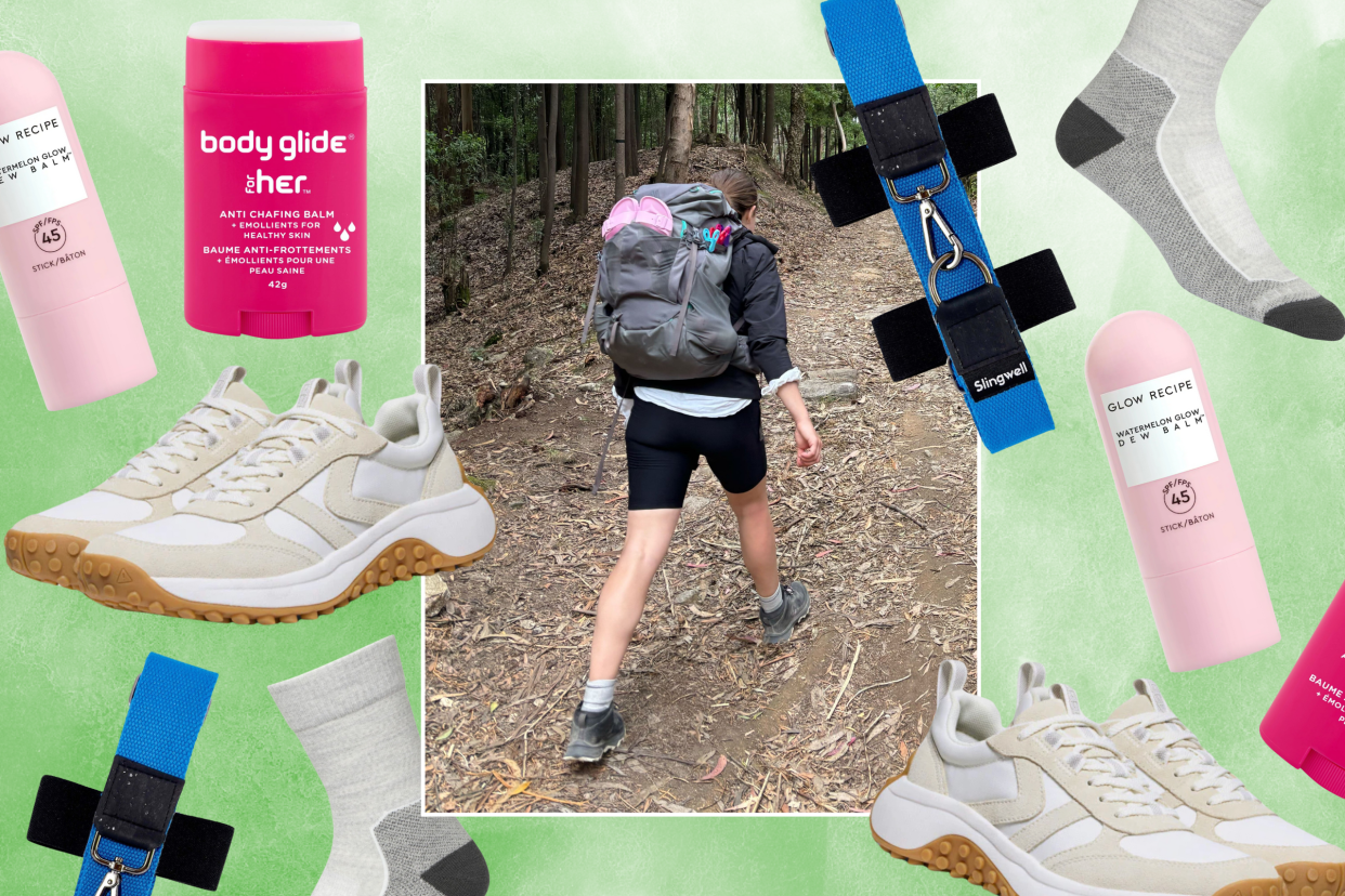 woman hiking the camino de santiago with collage of hiking shoes, sunscreen, merino wool socks, chafe stick