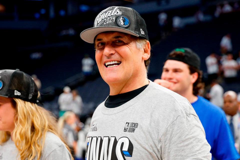 PHOTO: Dallas Mavericks owner Mark Cuban celebrates after a 124-103 victory against the Minnesota Timberwolves at Target Center in Minneapolis, MN, May 30, 2024. (David Berding/Getty Images)