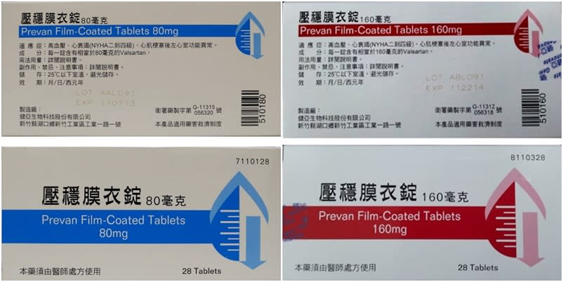 食藥署20日表示，健亞生物科技「壓穩膜衣錠」80毫克及160毫克產品使用的印度降血壓原料藥，被驗出含有動物致癌性成分，228萬粒將全數下架回收。（截自健亞生物科技網頁）