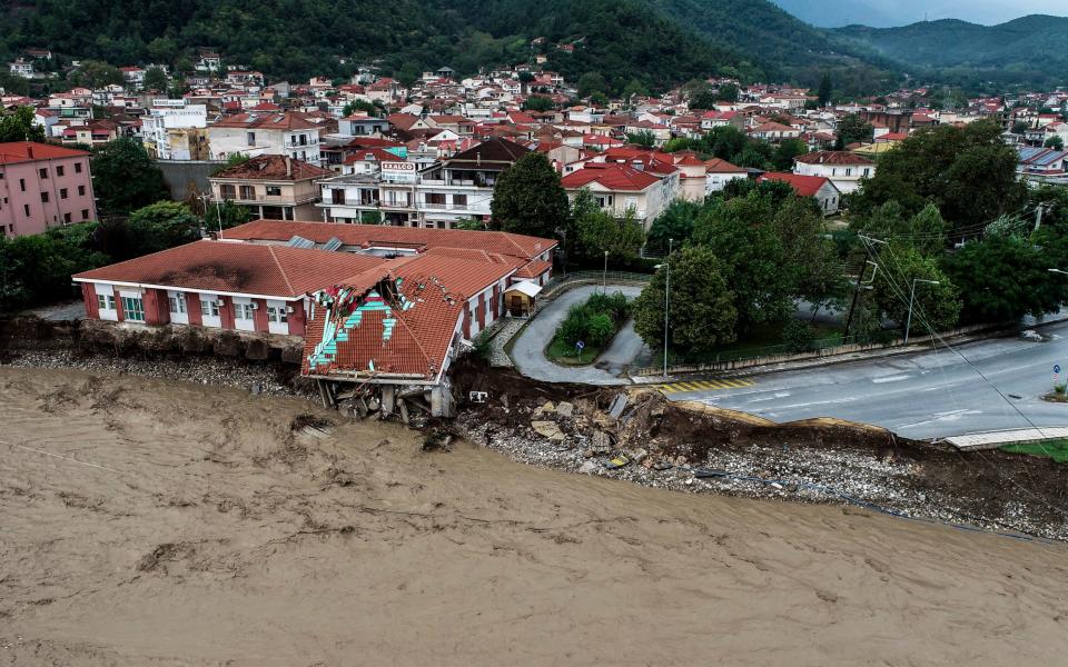 The medical centre of Mouzaki village is seen partially collapsed after a storm, near Karditsa town - AP