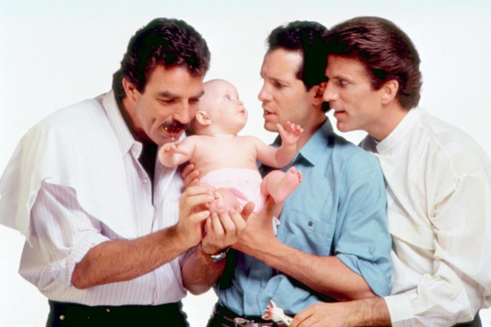 Tom Selleck, Steve Guttenberg, and Ted Danson in <em>Three Men and a Baby</em>