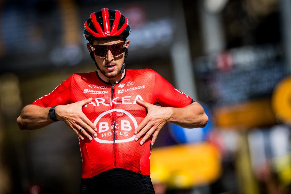 French Kevin Vauquelin of Arkea-BB Hotels celebrates as he crosses the finish line to win stage 2 of the 2024 Tour de France cycling race, from Cesenatico, Italy to Bologna, Italy (198,7km) on Sunday 30 June 2024. The 111th edition of the Tour de France starts on Saturday 29 June and will finish in Nice, France on 21 July. BELGA PHOTO JASPER JACOBS (Photo by JASPER JACOBS / BELGA MAG / Belga via AFP) (Photo by JASPER JACOBS/BELGA MAG/AFP via Getty Images)