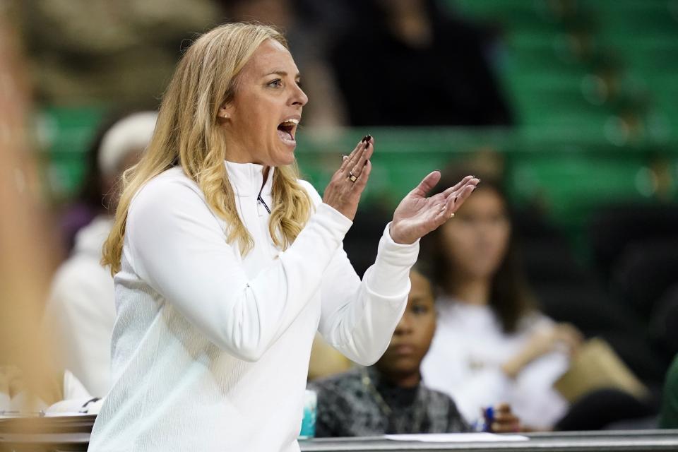 Baylor head coach Nicki Collen instructs her team in the second half of an exhibition NCAA college basketball game against West Texas A&M in Waco, Texas, Wednesday, Nov. 3, 2021. (AP Photo/Tony Gutierrez)