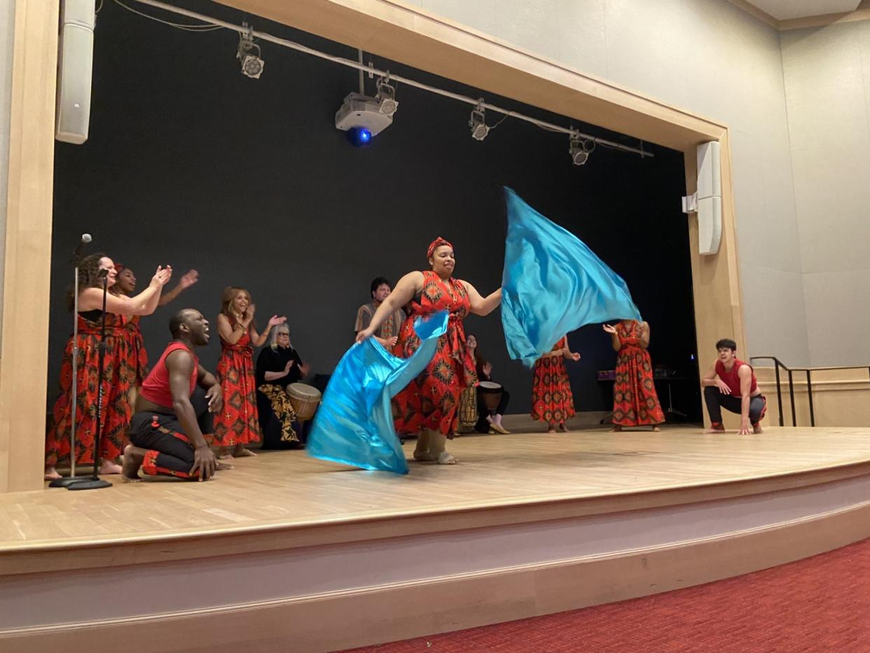 The UZIMA Drum and Dance company performed during the Kwanzaa celebration Thursday at the St. Joseph County Public Library.