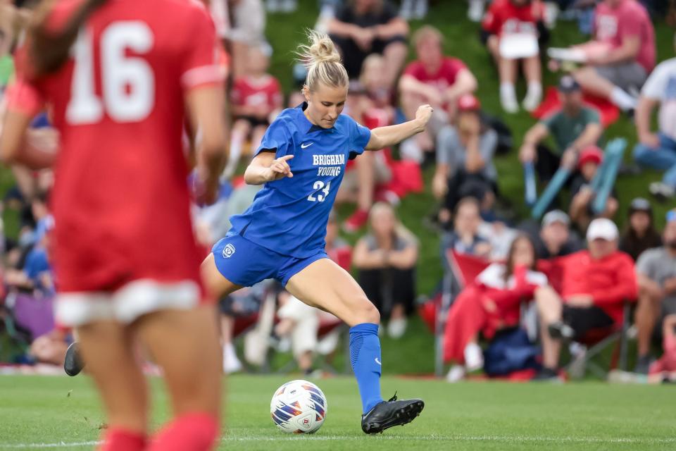 BYU’s Allie Fryer (23) shoots and scores BYU’s first goal during the game against Utah at Ute Field in Salt Lake City on Saturday, Sept. 9, 2023. | Spenser Heaps, Deseret News