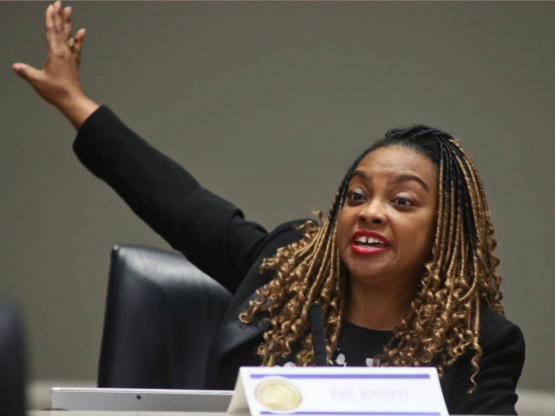 Rep. Dotie Joseph, D-North Miami, argues for her amendment to a bill on migrant transportation during an Appropriations Committee meeting Monday, Feb. 6, 2023, in the Knott Building at the Capitol in Tallahassee, Fla. The amendment was defeated.