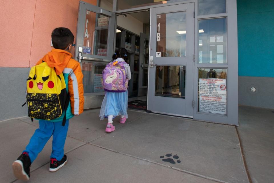 Students arrive at Tornillo ISD’s PreK-8th campus, Monday, Feb. 26. Tornillo has one of the best attendance records in the El Paso region. (Corrie Boudreaux/El Paso Matters)