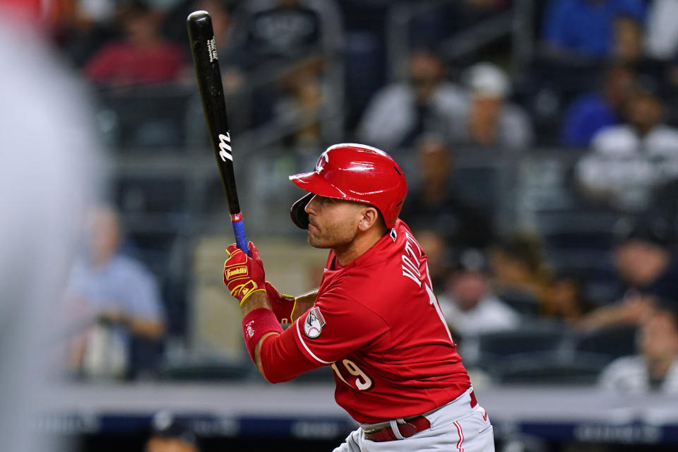 Cincinnati Reds' Joey Votto watches an RBI double during the 10th inning of the team's baseball game against the New York Yankees on Thursday, July 14, 2022, in New York. The Reds won 7-6. (AP Photo/Frank Franklin II)