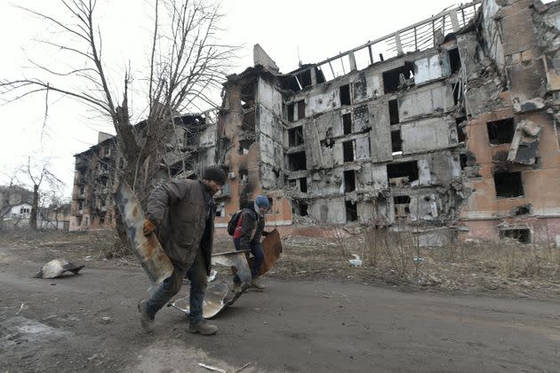 Damaged buildings in Mariupol, Ukraine.