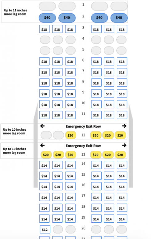 An airplane seating map