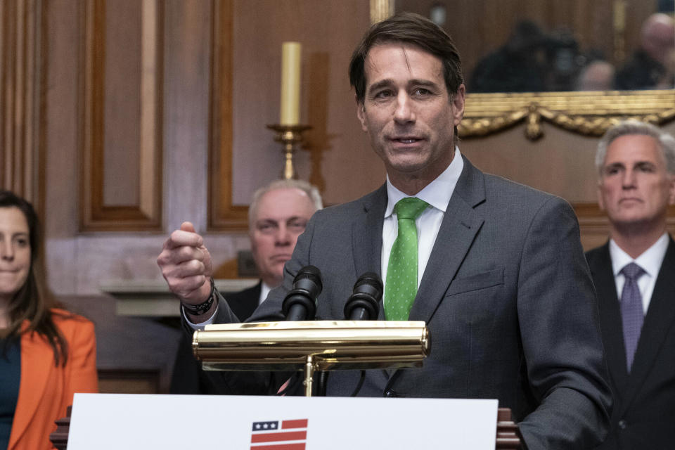 FILE - Rep. Garret Graves, R-La., speaks at a news conference after the House passed the debt ceiling bill, May 31, 2023, at the Capitol in Washington. Louisiana Sen. Cleo Fields, who served in Congress in the 1990s and is currently a state senator, has declared his candidacy for a new majority-Black congressional district created in January by the Legislature. The new map greatly alters the district currently represented by Graves. Opponents of the new map are challenging it in federal court, calling it a "racial gerrymander." (AP Photo/Jose Luis Magana, File)