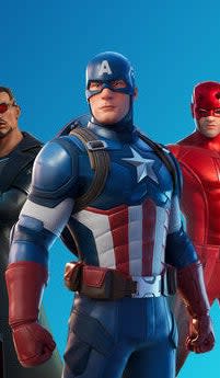 Fortnite's Captain America character skin poses with fists clenched at his sides