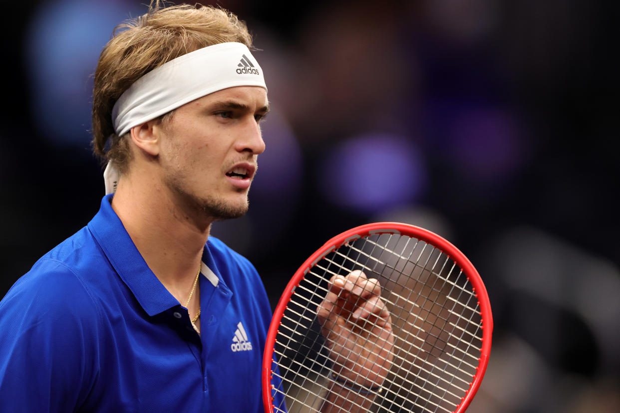 BOSTON, MASSACHUSETTS - SEPTEMBER 25: Alexander Zverev of Team Europe prepares to play a shot against John Isner of Team World during the sixth match during Day 2 of the 2021 Laver Cup at TD Garden on September 25, 2021 in Boston, Massachusetts. (Photo by Carmen Mandato/Getty Images for Laver Cup)