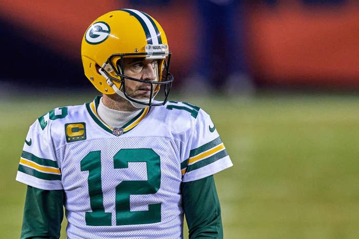 Aaron Rodgers is pictured in his Green Bay Packers uniform during a football game