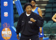 FILE - In this March 10, 2003, file photo, Kansas head coach Marian Washington talks to her players during a practice session for the Women's Big 12 basketball tournament in Dallas. The five Black women, including Washington, who have been national team assistants helped pave the way for Dawn Staley's historic debut at the Tokyo Games. (AP Photo/Tim Sharp, File)