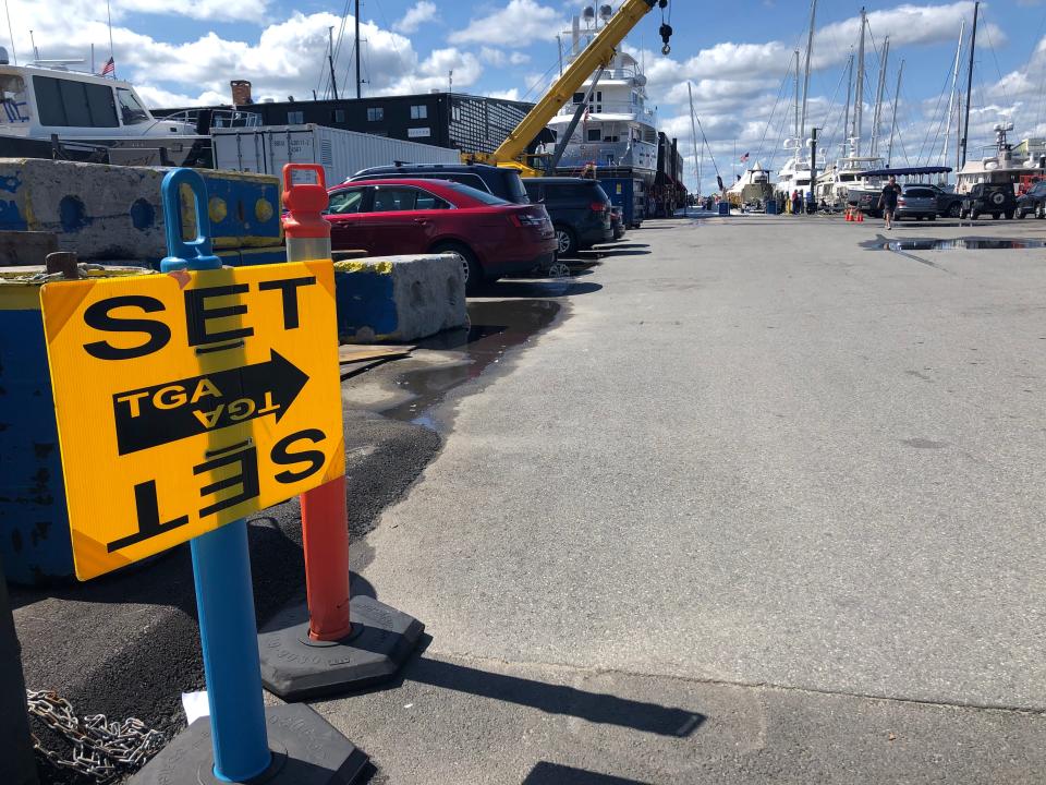 A sign points to the set of "Out of the Blue" at Newport Shipyard in September 2021.