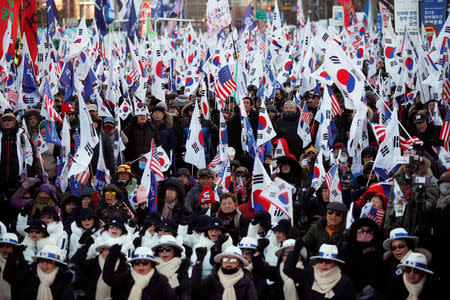 Members of a South Korean conservative civic group take part in an anti-North Korea protest in Seoul, South Korea, December 8, 2018. Picture taken December 8, 2018. REUTERS/Kim Hong-Ji