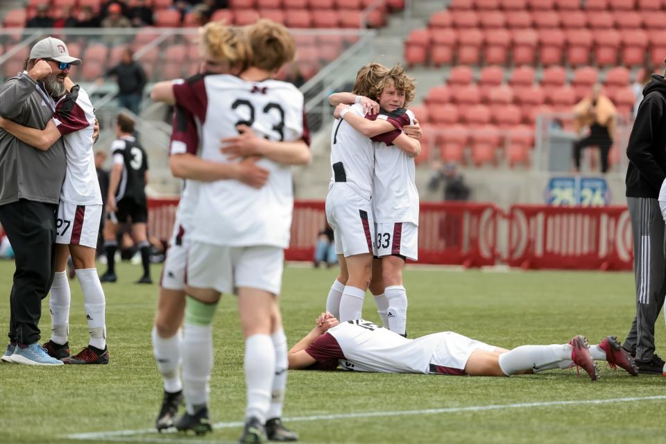 Morgan players celebrate after beating Ogden in penalty kicks in a 3A boys soccer state semifinal at Zions Bank Stadium in Herriman on Wednesday, May 10, 2023. | Spenser Heaps, Deseret News