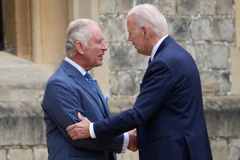 President Joe Biden shakes hands with King Charles III in 2023.