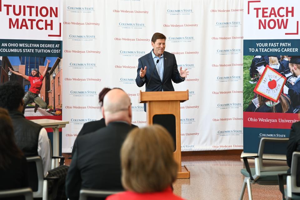 Columbus State Community College President David Harrison speaks at an event Thursday at the college's Delaware campus. Harrison said the college's partnerships with Ohio Wesleyan University will give Columbus State students more certainty and less debt.