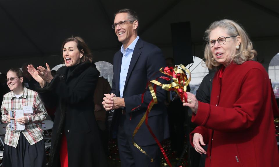 Iowa Governor Kim Reynolds, U.S. representative Iowa 4th District Randy Feenstra, and Iowa State University President Wendy Wintersteen cheer during the ground breaking ceremony of the second phase of the Iowa State University's Veterinary Diagnostic Laboratory on Thursday, April 4, 2024, in Ames, Iowa.