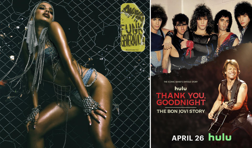 This combination of images shows album cover art for "Funk Generation" by Anitta, and promotional art for the Hulu series "Thank You, Goodnight" (Republic Records/Hulu via AP)