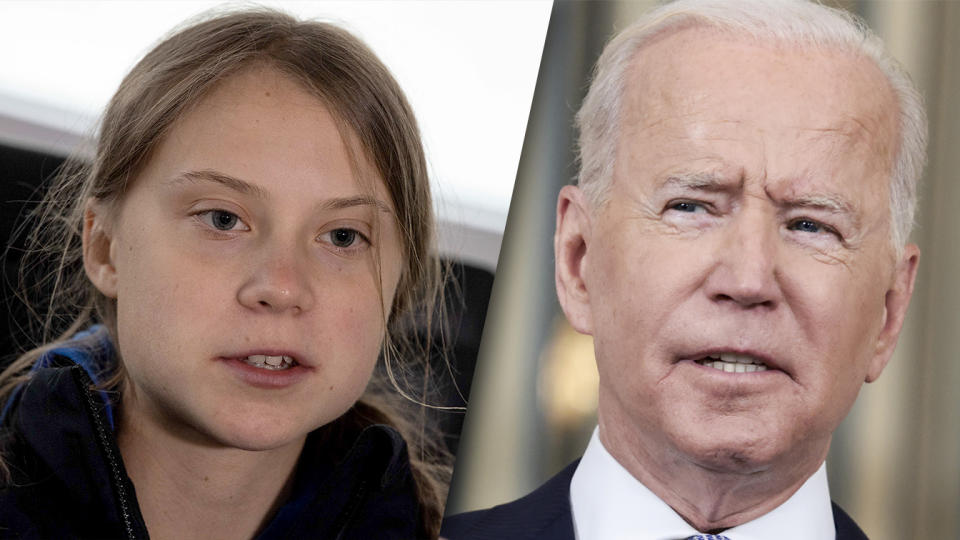 Greta Thunberg and President Biden. (Nicholas Kamm/AFP via Getty Images, Anna Moneymaker/Getty Images)