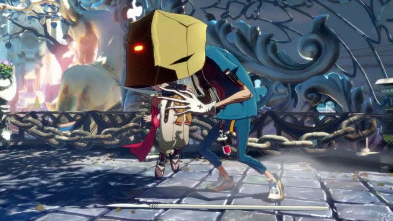 A Guilty Gear Strive photo of Faust (right) grabbing and munching on Chipp Zanuff (left).