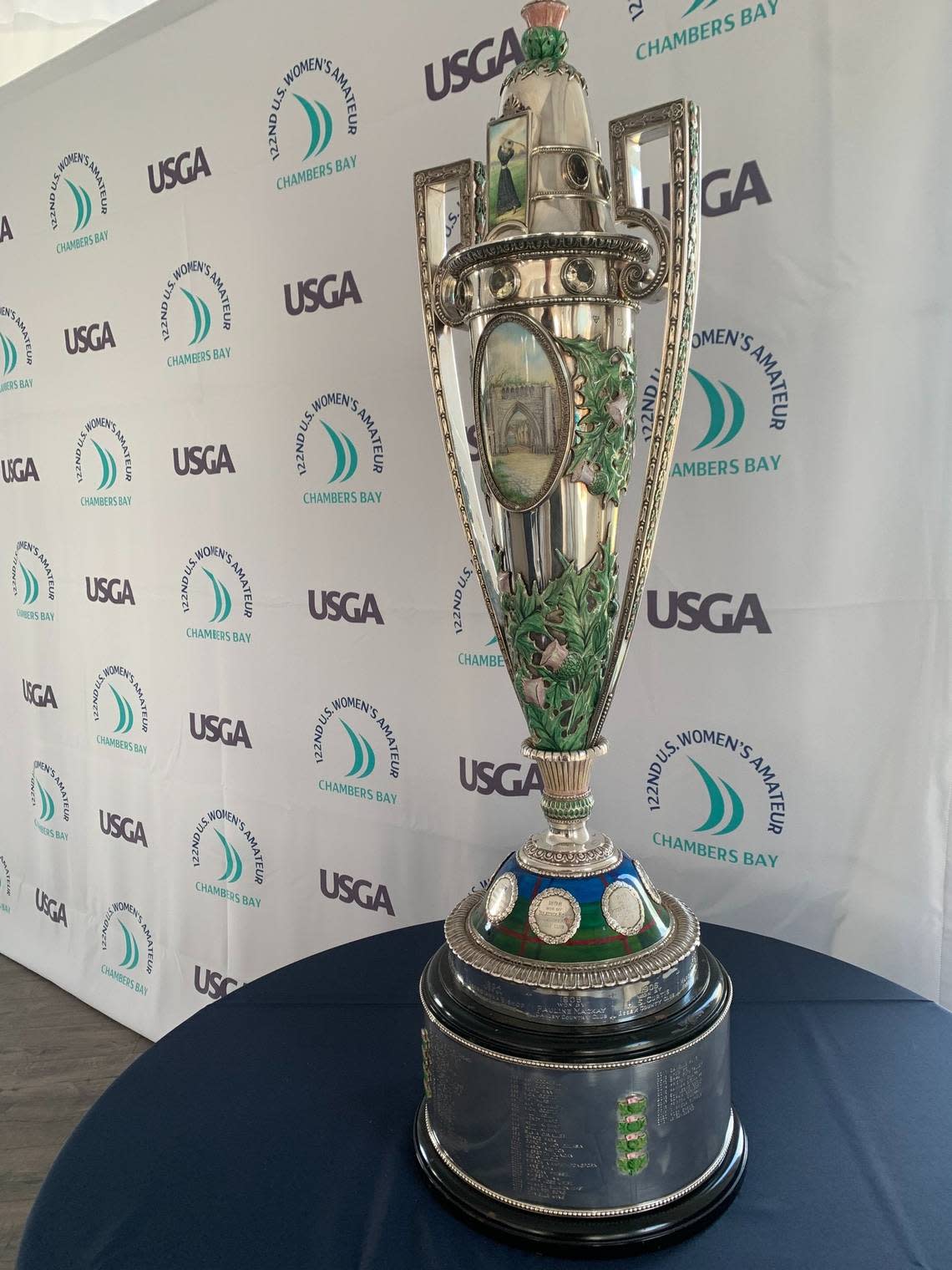 The trophy for the 122nd U.S. Women’s Amateur Championship. A field of 156 golfer’s will compete for the trophy in one of the United States Golf Association’s three oldest, original championships Aug. 8-14 at Chambers Bay Golf Course.