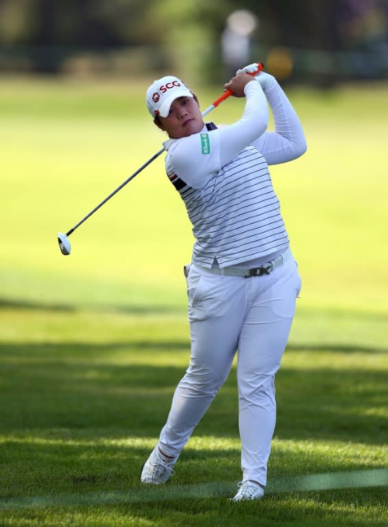 Ariya Jutanugarn of Thailand hits her 2nd shot on the fourteenth fairway during the first round of the CP Womens Open, at the Wascana Country Club in Regina, Canada, on August 23, 2018