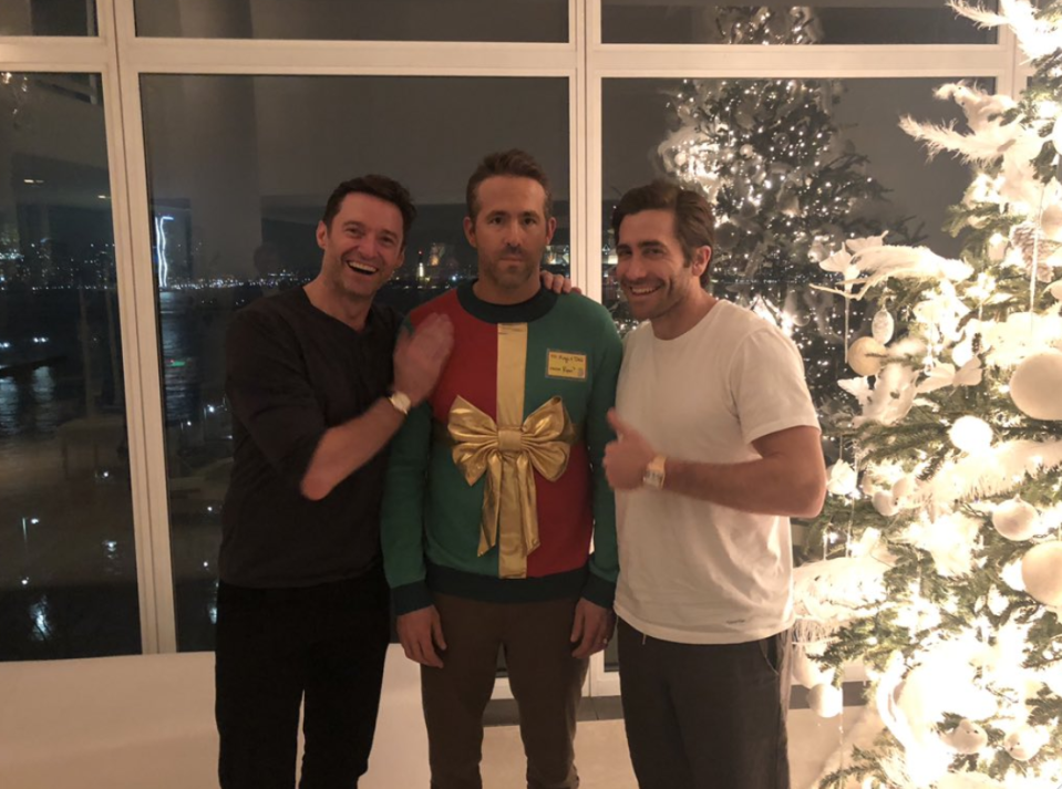 Hugh Jackman, Ryan Reynolds and Jake Gyllenhaal wore drastically different looks to a holiday fete. (Photo: Ryan Reynolds via <a href="https://twitter.com/VancityReynolds/status/1075947726897143808" rel="nofollow noopener" target="_blank" data-ylk="slk:Twitter;elm:context_link;itc:0;sec:content-canvas" class="link ">Twitter</a>)