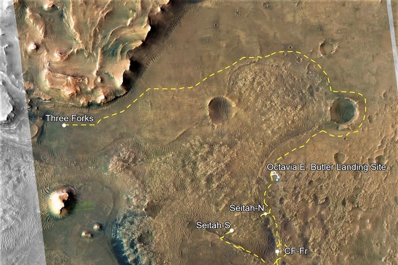 A map shows a yellow line for the Mars Perseverance rover's trip south, and its planned trip north and west to the ancient river delta in the Jezero Crater. Image courtesy of NASA