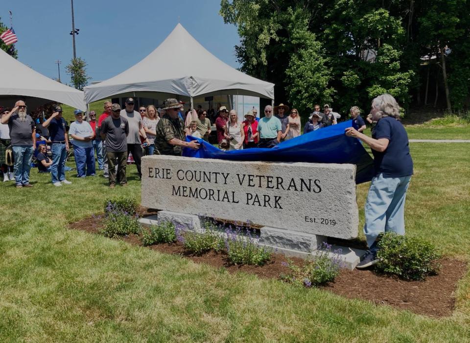 A new monument is unveiled for the Erie County Veterans Memorial Park on May 29, 2023. 