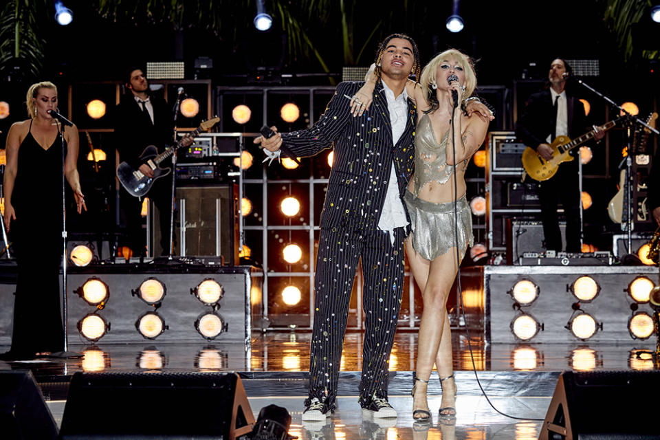 24kGoldn and Miley Cyrus perform on Friday, Dec. 31. (NBCU Photo Bank via Getty Images)