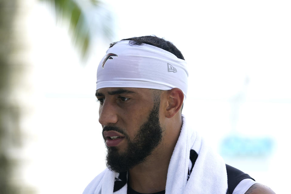 Atlanta Falcons safety Jessie Bates III talks with the news media after a joint practice with the Miami Dolphins at the NFL football team's training facility, Tuesday, Aug. 8, 2023, in Miami Gardens, Fla. (AP Photo/Lynne Sladky)