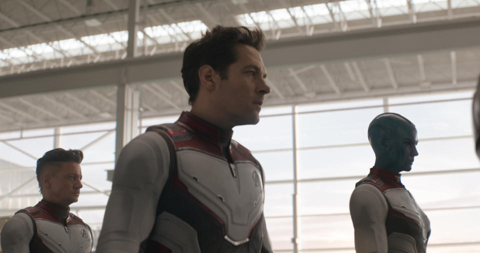 L to R: Hawkeye/Clint Barton (Jeremy Renner), Ant-Man/Scott Lang (Paul Rudd) and Nebula (Karen Gillan) in Avengers: Endgame | Film Frame—Marvel Studios