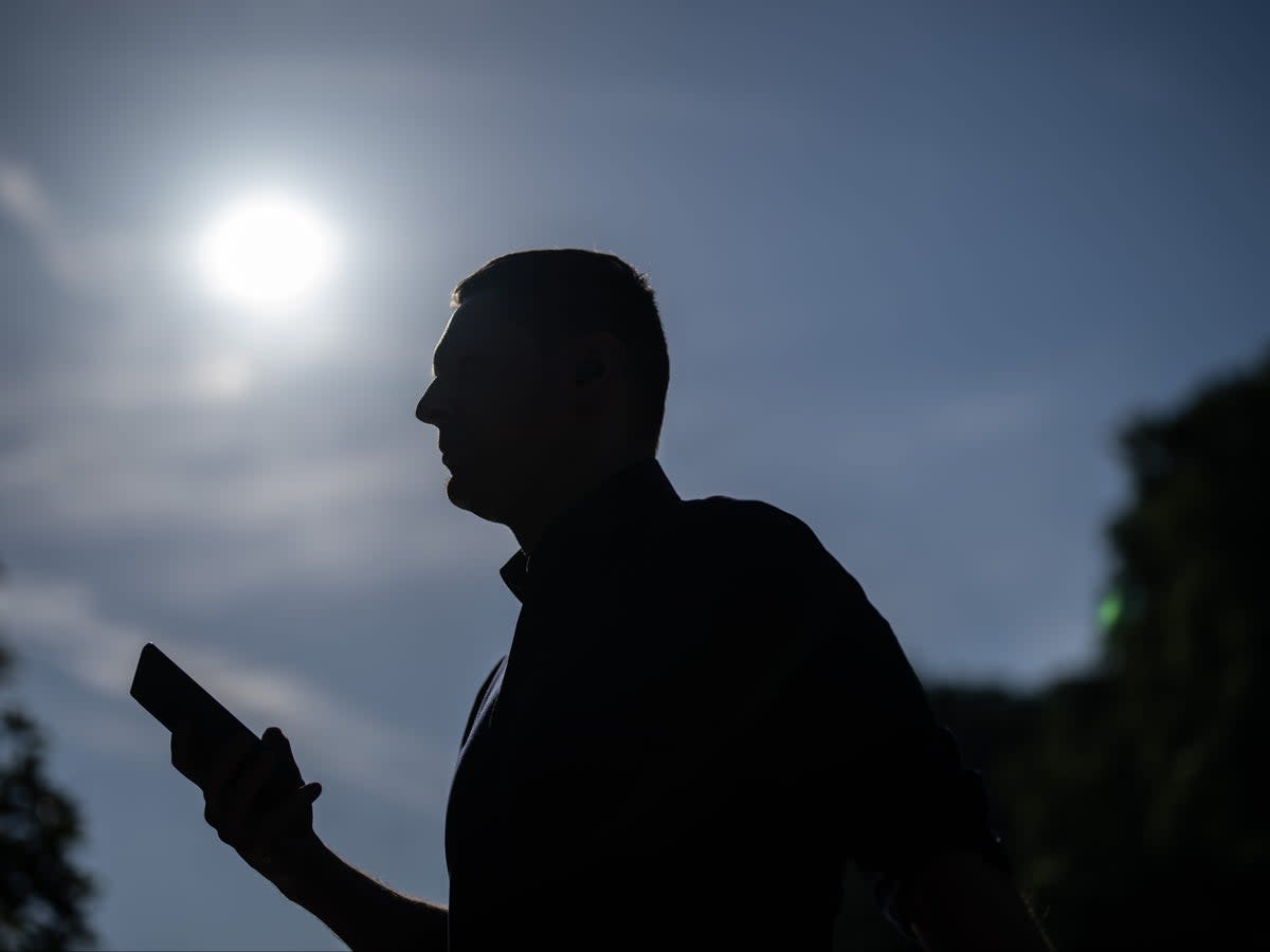 A man checks his phone as he walks through the heat in St James’s Park, London (Getty Images)