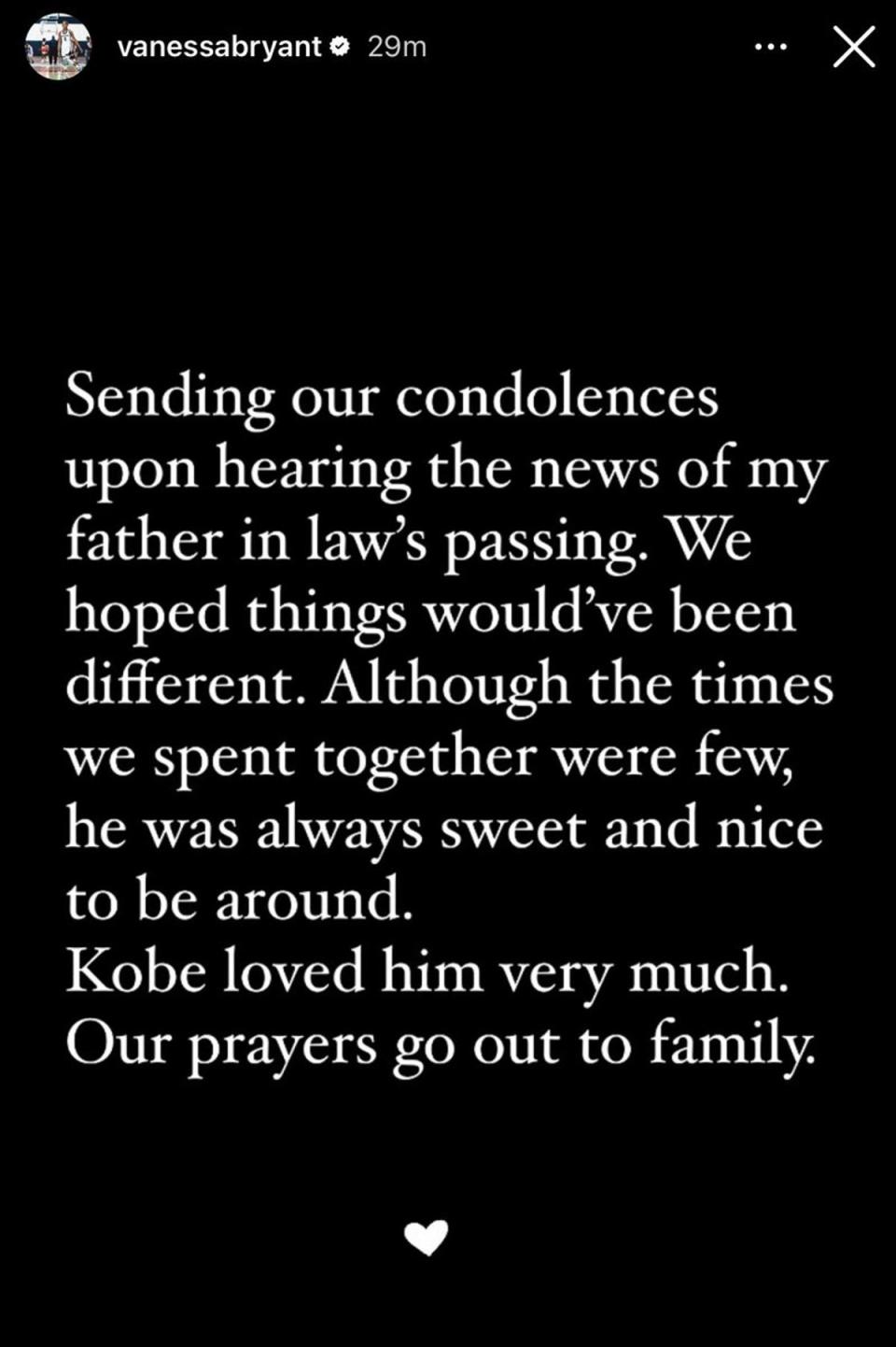 Kobe’s wife Vanessa shared a tribute to her father-in-law on her Instagram stories following the news of his passing (Vanessa Bryant/Instagram)