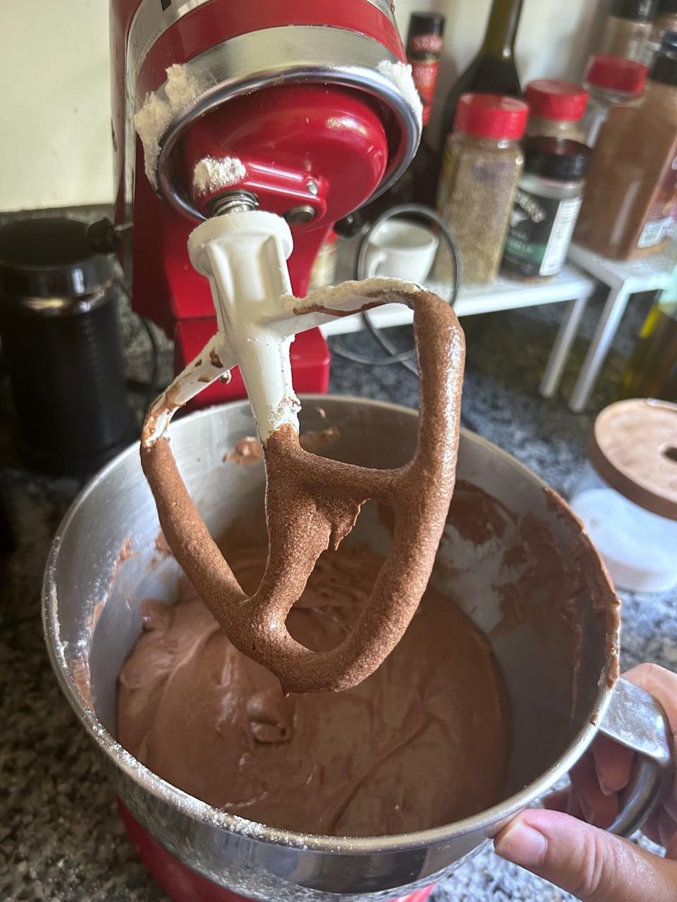 Batter for Ina Garten's chocolate cake with mocha frosting