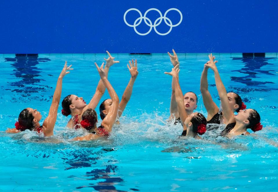 August 6, 2021: Spain performs in the artistic swimming women's team technical routine during the Tokyo 2020 Olympic Summer Games at Tokyo Aquatics Centre. 