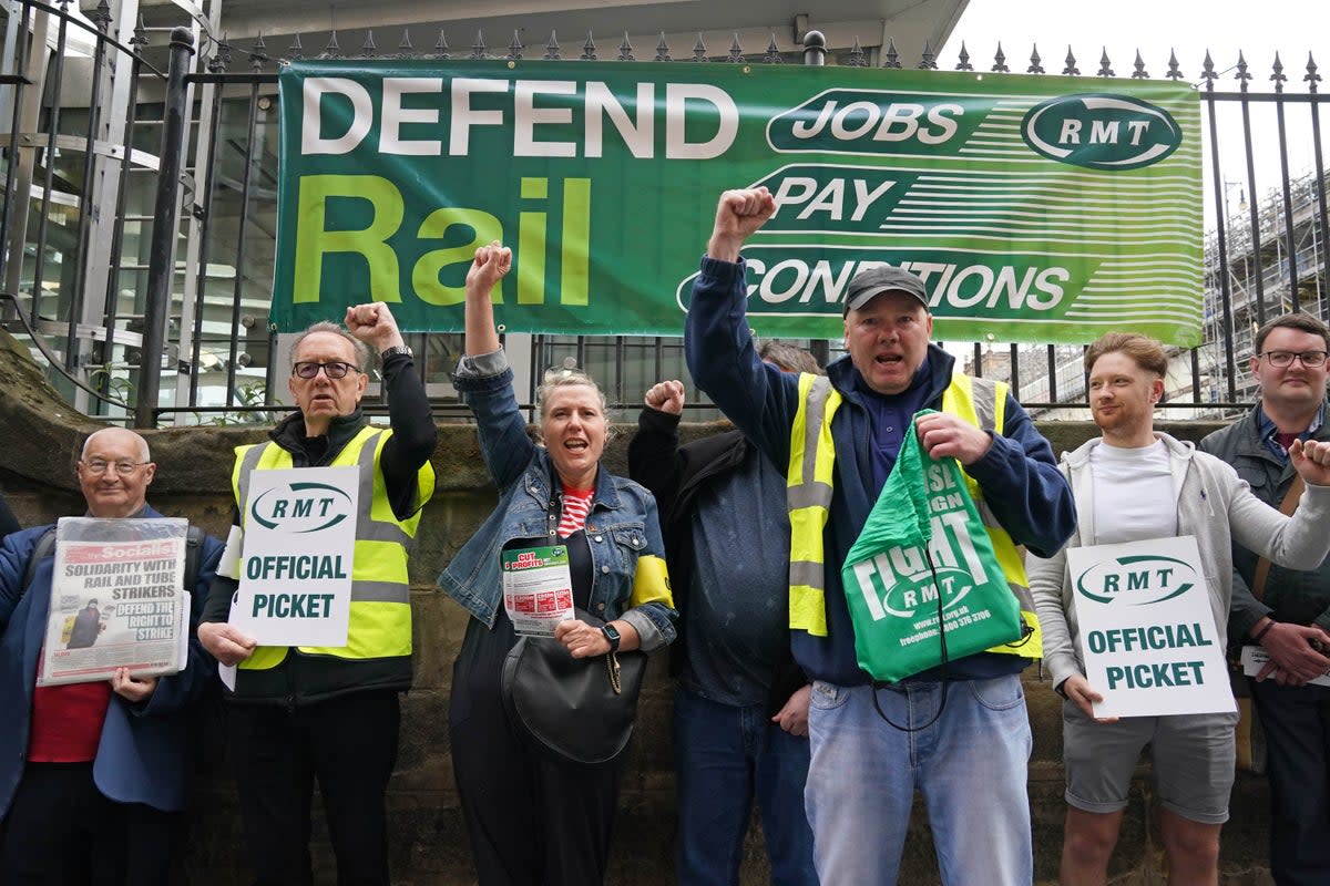 The picket line outside Edinburgh Waverley station, as train services continue to be disrupted following the nationwide strike by members of the Rail, Maritime and Transport union in a bitter dispute over pay, jobs and conditions (Andrew Milligan/PA) (PA Wire)