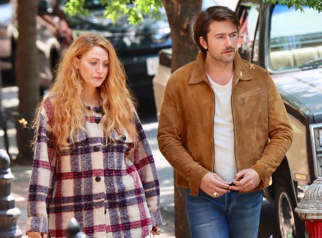 <p>Nancy Rivera/Bauer-Griffin/GC Images</p> Blake Lively and Brandon Sklenar are seen on the set of "It Ends With Us"