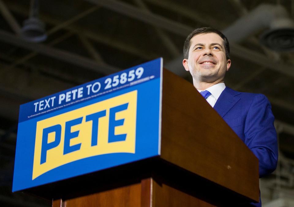 Former South Bend Mayor and democratic presidential hopeful Pete Buttigieg speaks to supporters at his Iowa Caucus Watch Party event inside Drake University on Monday, Feb. 3, 2020, in Des Moines, Iowa.