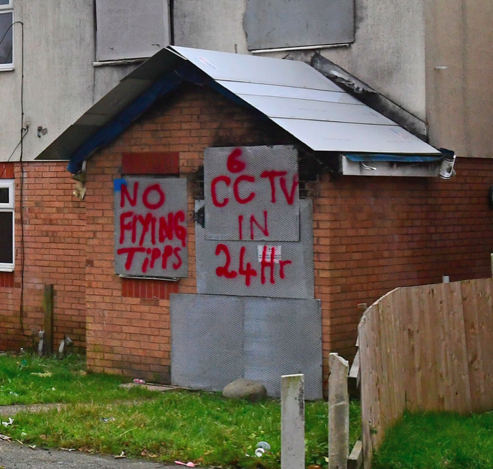 Graffiti on one of the derelict houses on Primrose Court. (Reach)